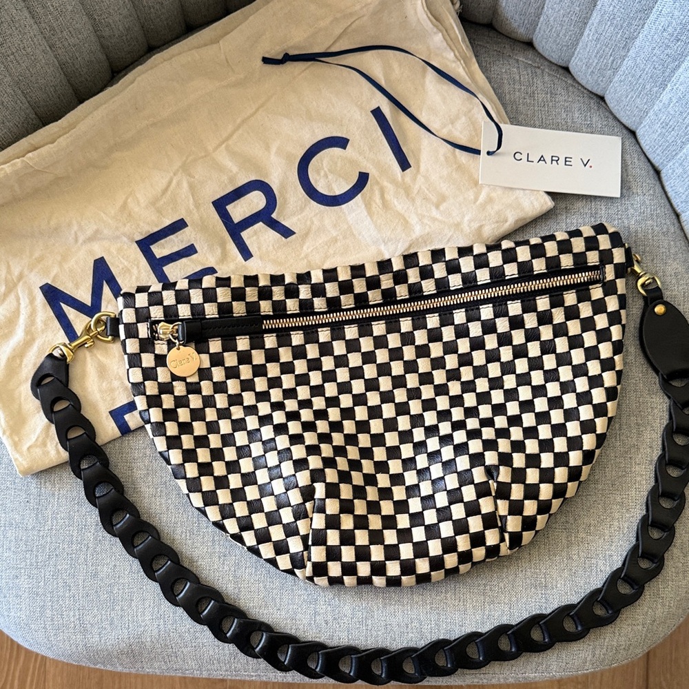 Clare V Checkered Black and Cream Crossbody Bag